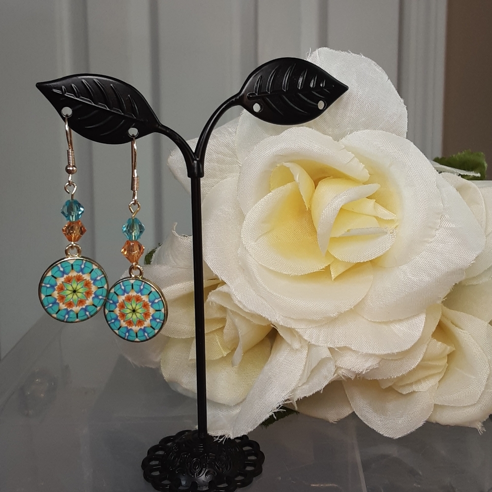 Handmade Mandala Earrings Teal Orange - Picture 2 of 3